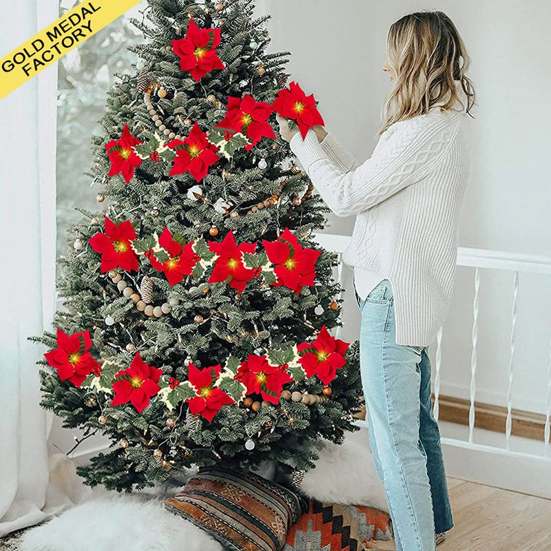 Poinsettia Christmas Garlands and Wreaths Ornaments Artificial Red Flowers String Lights for Home Xmas Tree New Year Decorations