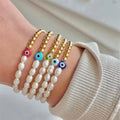 Statement Rice Shape Natural Freshwater Pearl Copper Gold Bead Lucky Blue Evil Eye Bracelet