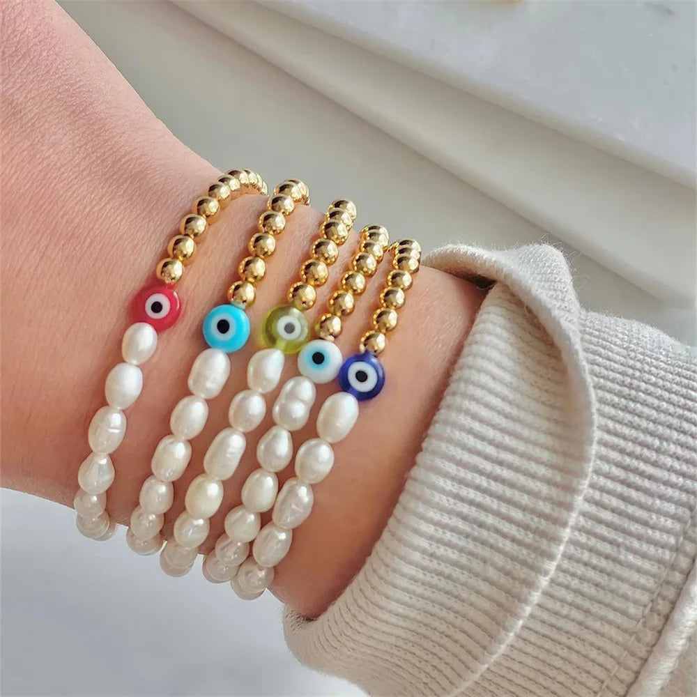 Statement Rice Shape Natural Freshwater Pearl Copper Gold Bead Lucky Blue Evil Eye Bracelet
