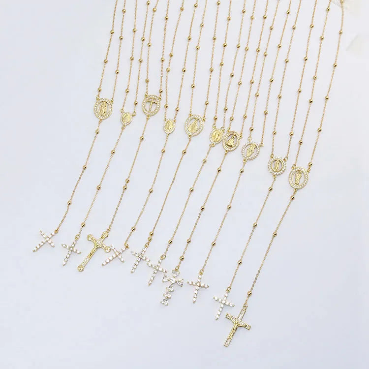 NZ1432 Gold Plated CZ Virgin Mary Crucifix Rosary Necklace Rosario Lady De Guadalupe Christ Zircon Gold Rosary