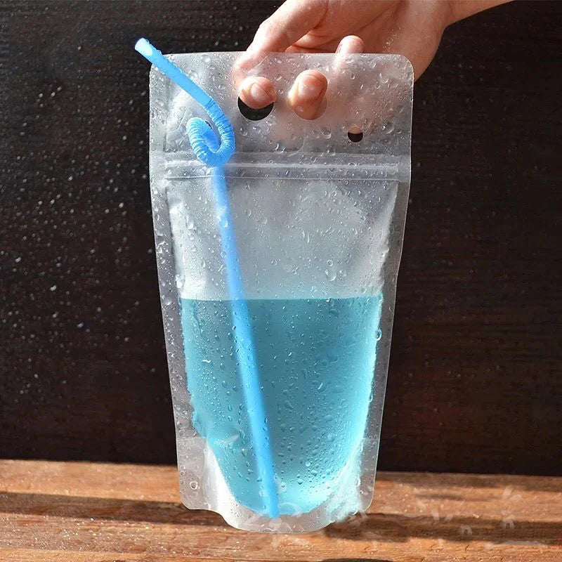 Custom Ziplock Clear Bag Energy Drink Beverage Juice Reusable Drink Pouches With Straw Logo Hole