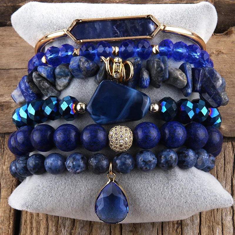 Fashion Bohemian Jewelry 6pcSingle Bracelet Natural Gemstone Crystal Chip Stone Alloy Zircon Bangle Lapis Stack Bracelet Set