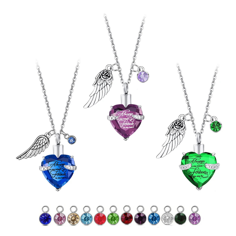 Crystal Heart with Birthstone and Rose Wing Pendant Necklace Memorial Cremation Urn for Ashes Keepsake Jewelry to Men Women