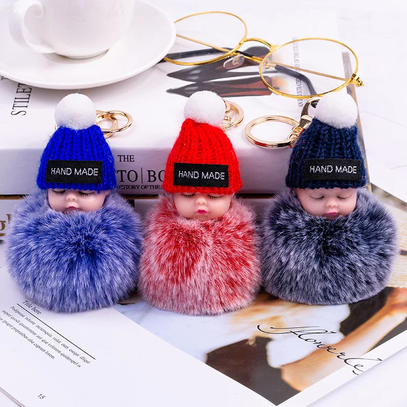 New Pompom Sleeping Baby Keychain Cute Fluffy Plush Doll Keychains Women Girl Bag Keyrings Cars Key Ring Jewelry Gift