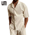 Liu Ming 2025 Summer Men's Casual Track Suit Solid Color Short Sleeve V-Neck T-Shirts Beach Sweatpants Shorts Set Hot Selling