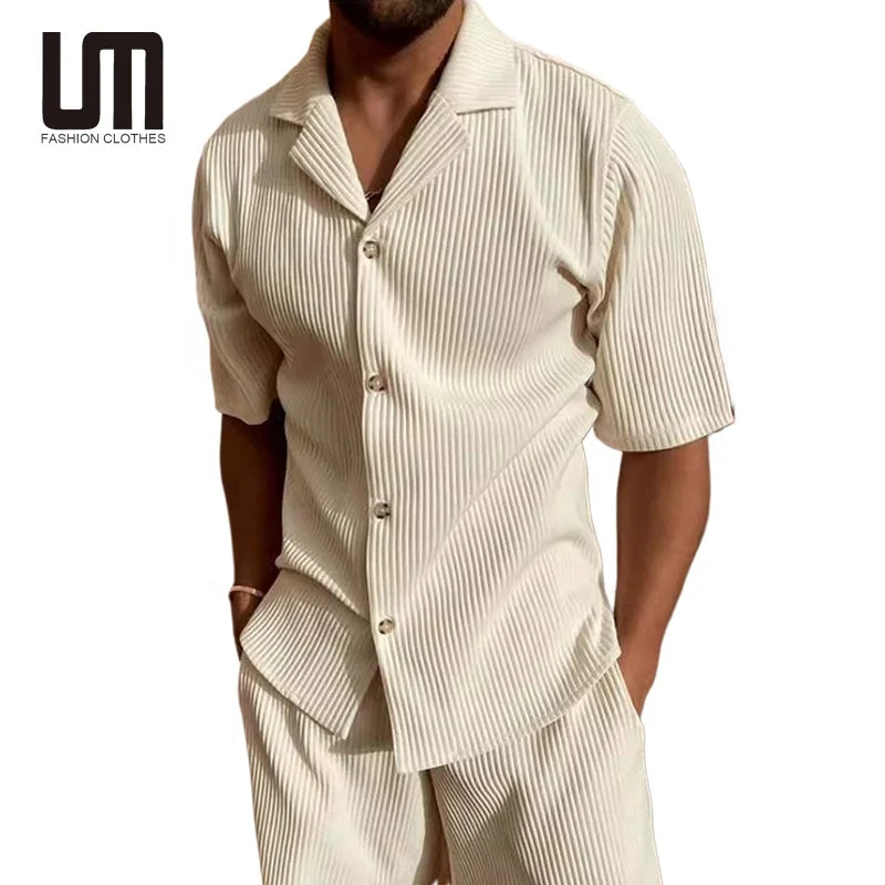Liu Ming 2025 Summer Men's Casual Track Suit Solid Color Short Sleeve V-Neck T-Shirts Beach Sweatpants Shorts Set Hot Selling