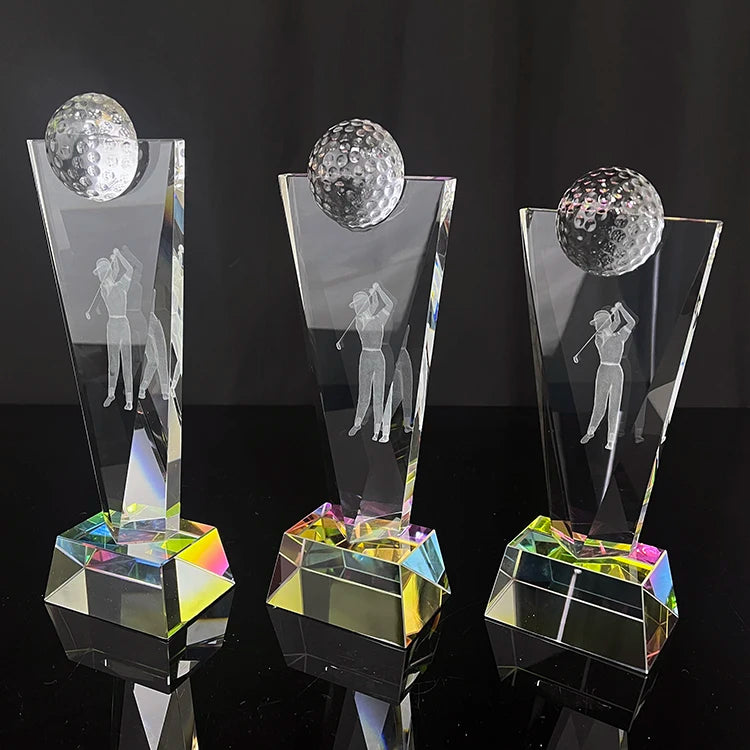 Laser Golfer Glass Crystal Golf Ball Sports Trophy with rainbow Base MH-NJ0736