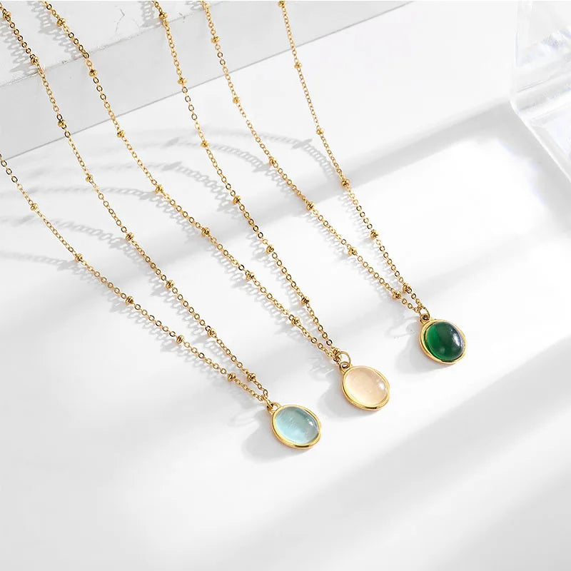 18K Gold Plated Beads Snake Chain Geometric Gemstone Necklace Stainless Steel Oval Green Stone Pendant Necklace