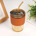 INS New Factory Customized Logo Wholesale 450 ml 14 oz Bamboo Shape Glass Coffee Cup Bottle with Straw and Protective Sleeves