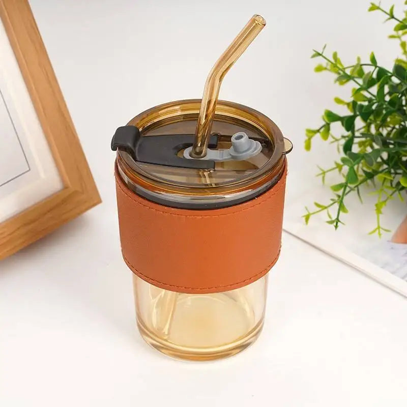 INS New Factory Customized Logo Wholesale 450 ml 14 oz Bamboo Shape Glass Coffee Cup Bottle with Straw and Protective Sleeves