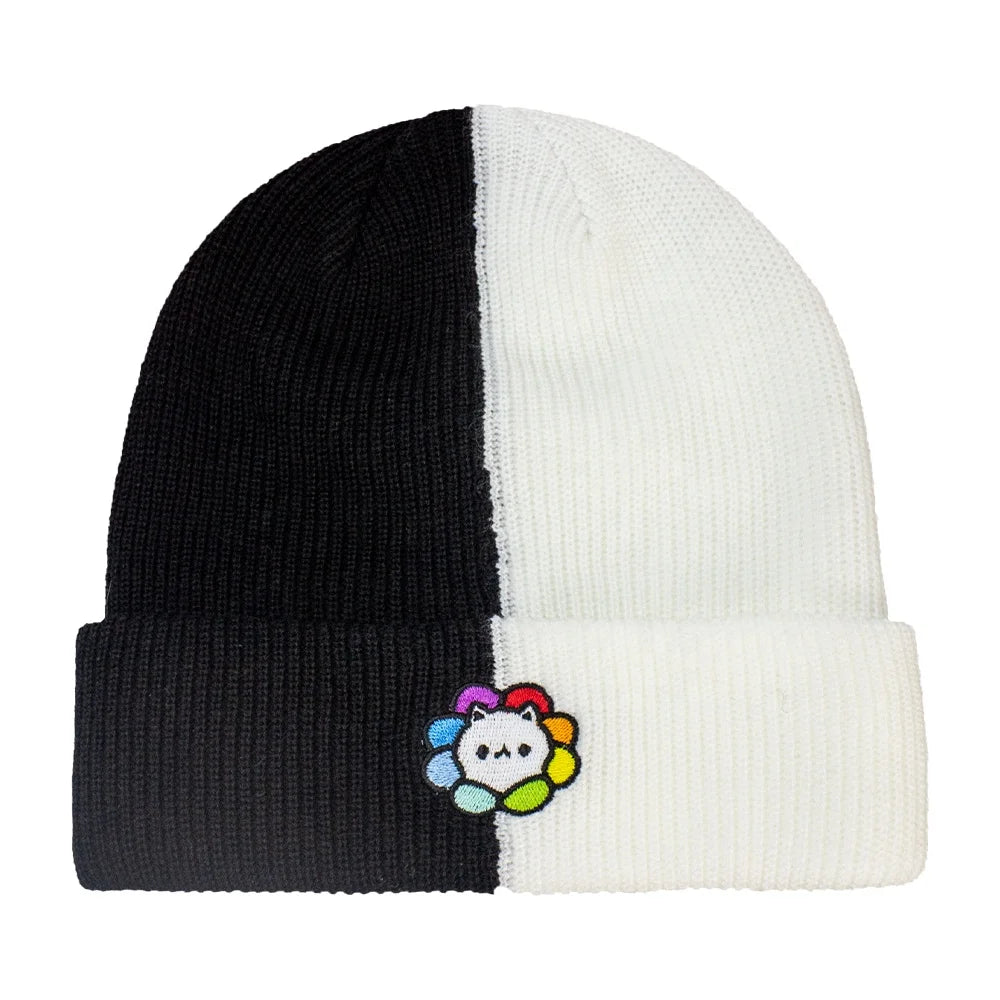 Custom Black White Embroidered Knit Cuff Beanie Wholesale Design Your Own Logo Two Tone Ribbed Beanies