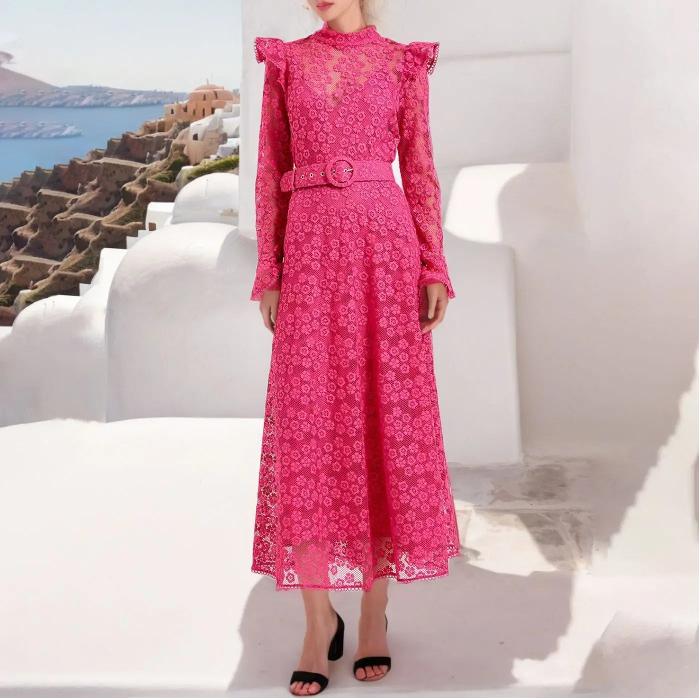 Fashion Boho Style 2024 Spring New Arrival Round Neck Long Sleeve Mesh Embroidery See-Through Long Dress