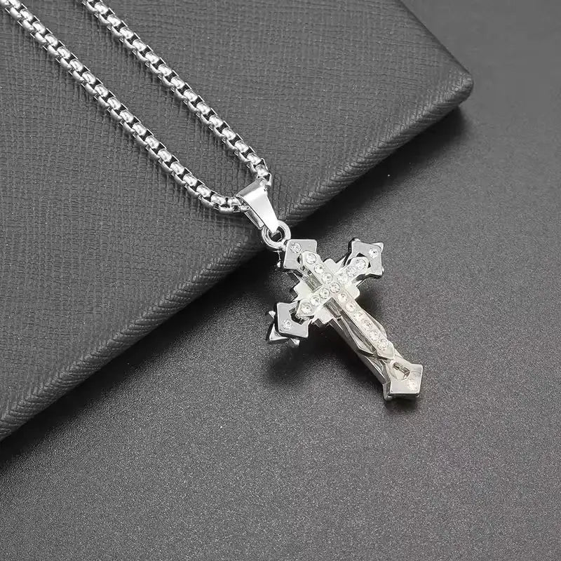 Wholesale Couples Religious Personalized Charm Necklace Chains Gothic Hip Hop Diamond Cross Pendant Stainless Steel Jewelry Men