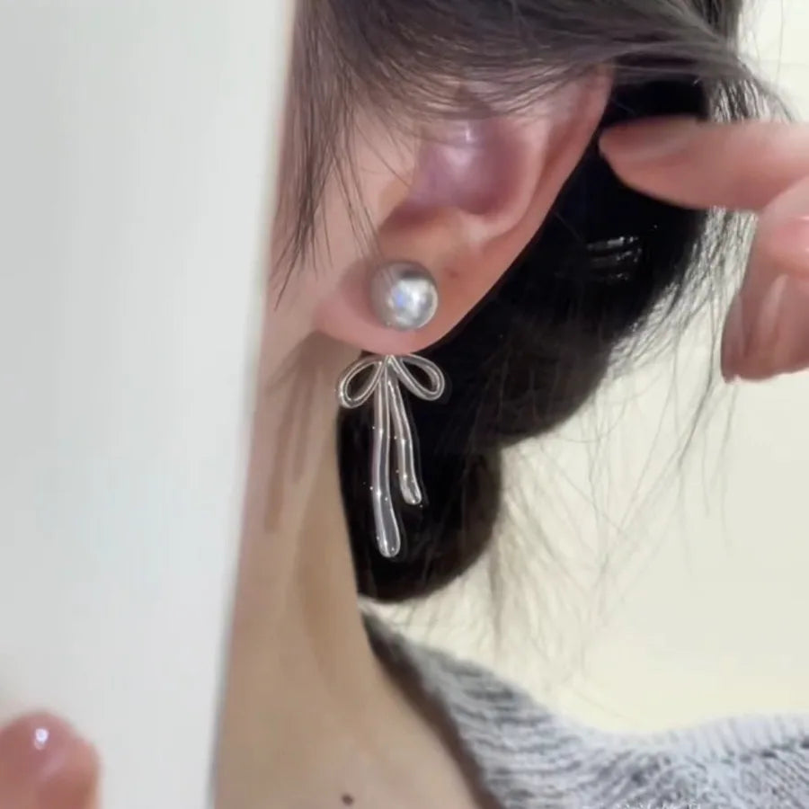 2025 New Trendy South Korea Elegant Simple Bow Grey Stud Drop Earrings Long Dangle Earrings for Women