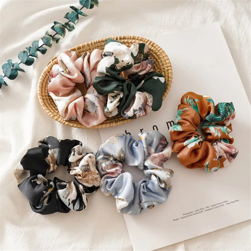 Satin Silk Flower Printed Scrunchies High Elastic Fashion Hair Rope High-grade Temperament Hair Accessories Manufacturers