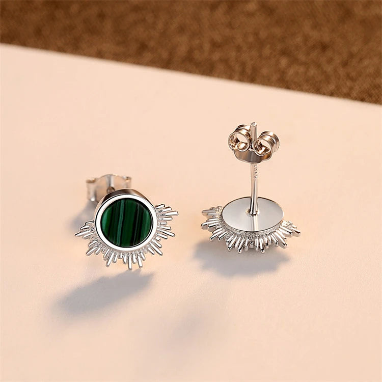 Fine Jewelry 925 Sterling Silver Women Simple Round Malachite Stud Earrings