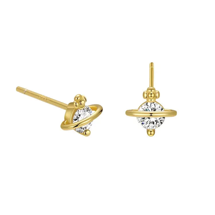 925 Sterling Silver Small Universe Planet Shaped Gold Plated Stud Earring Jewelry for Wedding Anniversary Engagement