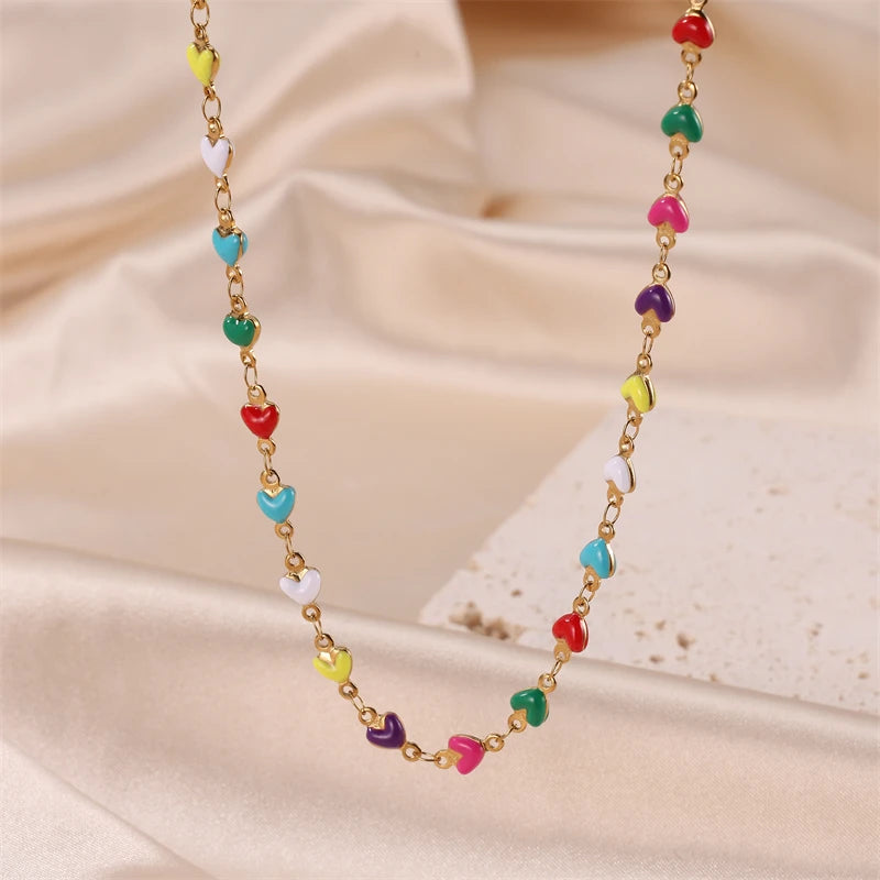 Women's 18K Gold Heart Necklace with Link Chain Colorful Bead Choker Fashionable Stainless Steel Jewelry for Girls