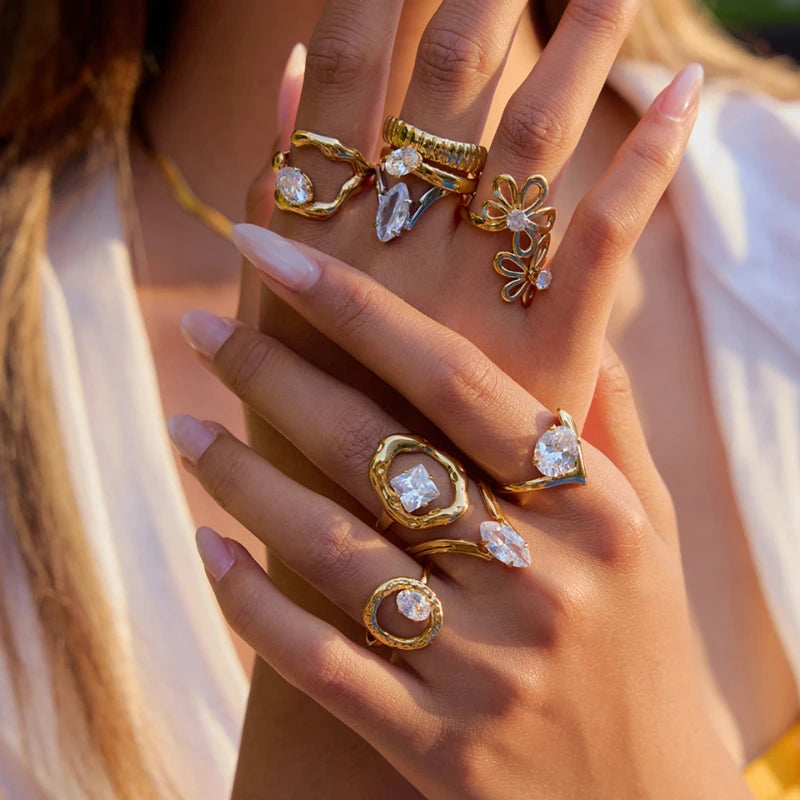 G4055 Wholesale Stainless Steel Zirconia Delicate Ring PVD 18K Gold Plated Hypoallergenic Exquisite Fashion Jewelry Rings