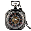 Open Face Style Black Manual Mechanism Mechanical Pocket Watch Hand Wind Locket Watch with Fob Chain for Men Vintage Gift