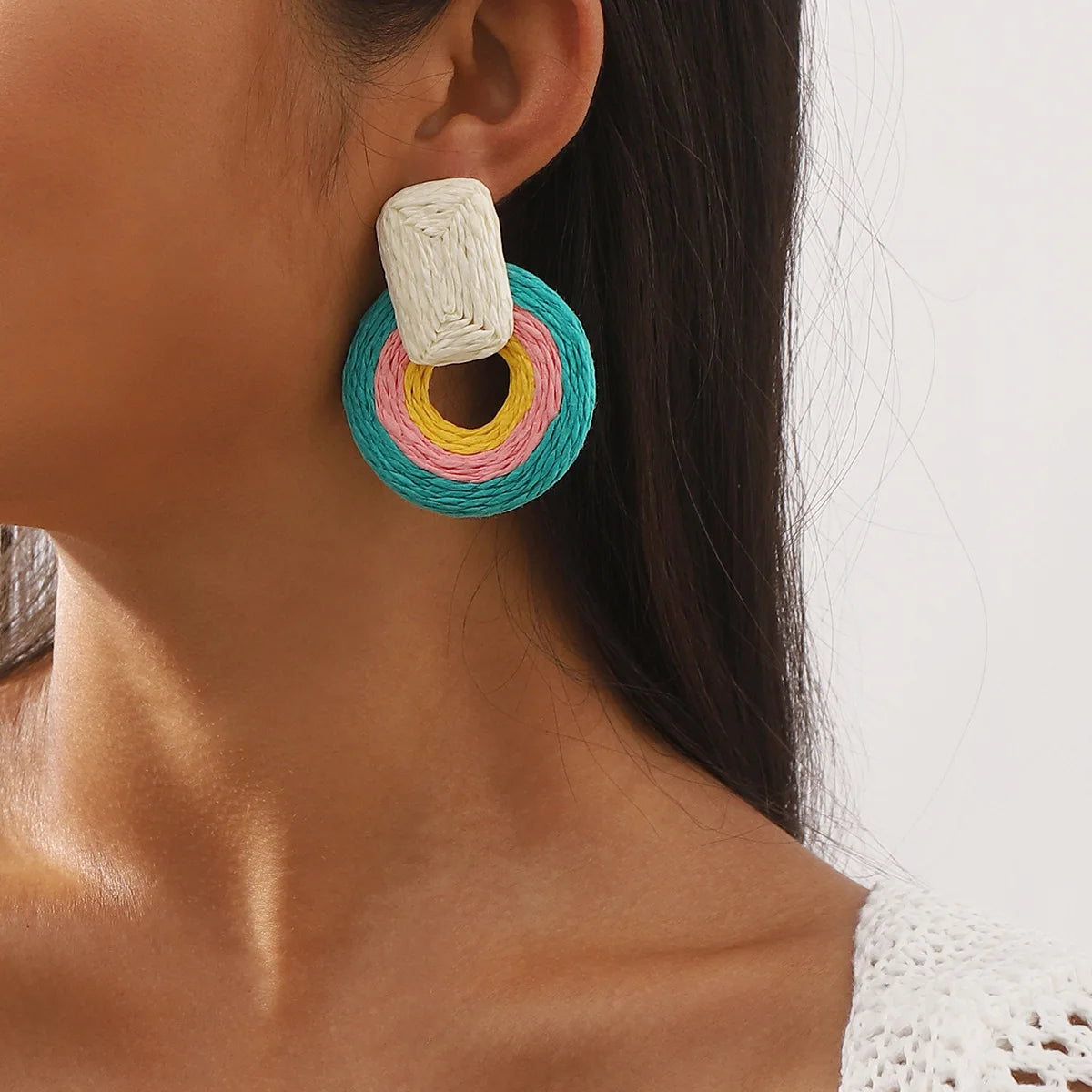 Summer Boho Chic Women's Earrings Sweet Refreshing Holiday Colorful Geometric Raffia Drop Hand-Woven Pear Diamond Main Stone