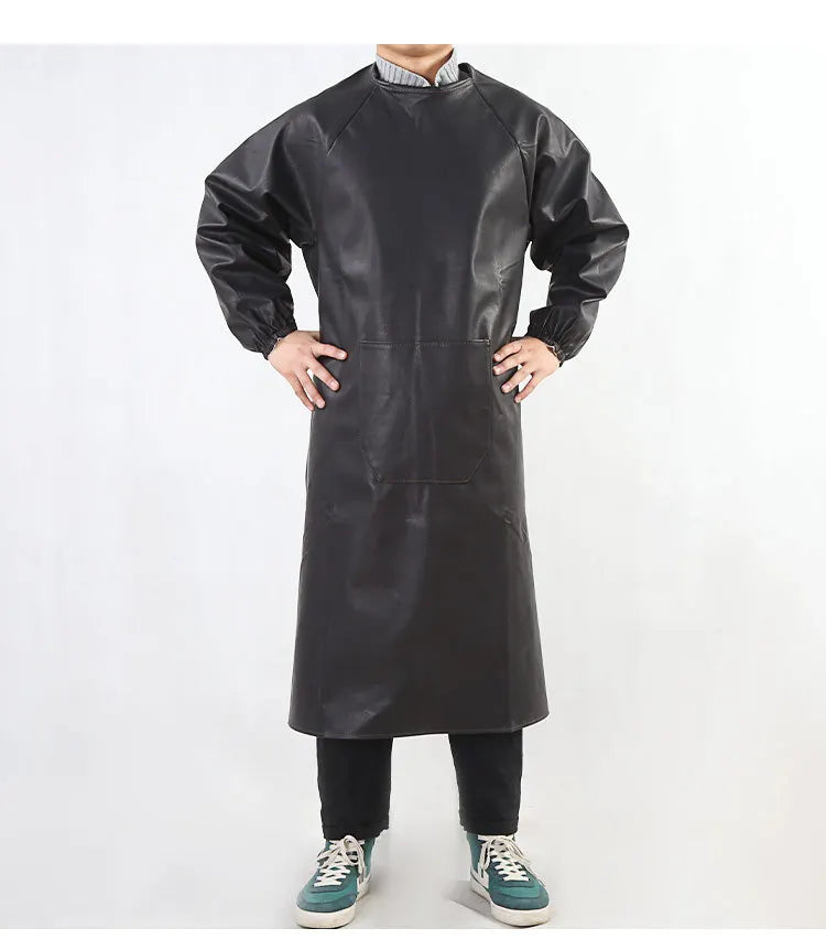Unisex Adults Long-Sleeved PU Leather Waterproof Oil-Proof Anti-Wear Fashionable Custom Logo Butchers Apron Customizable JM
