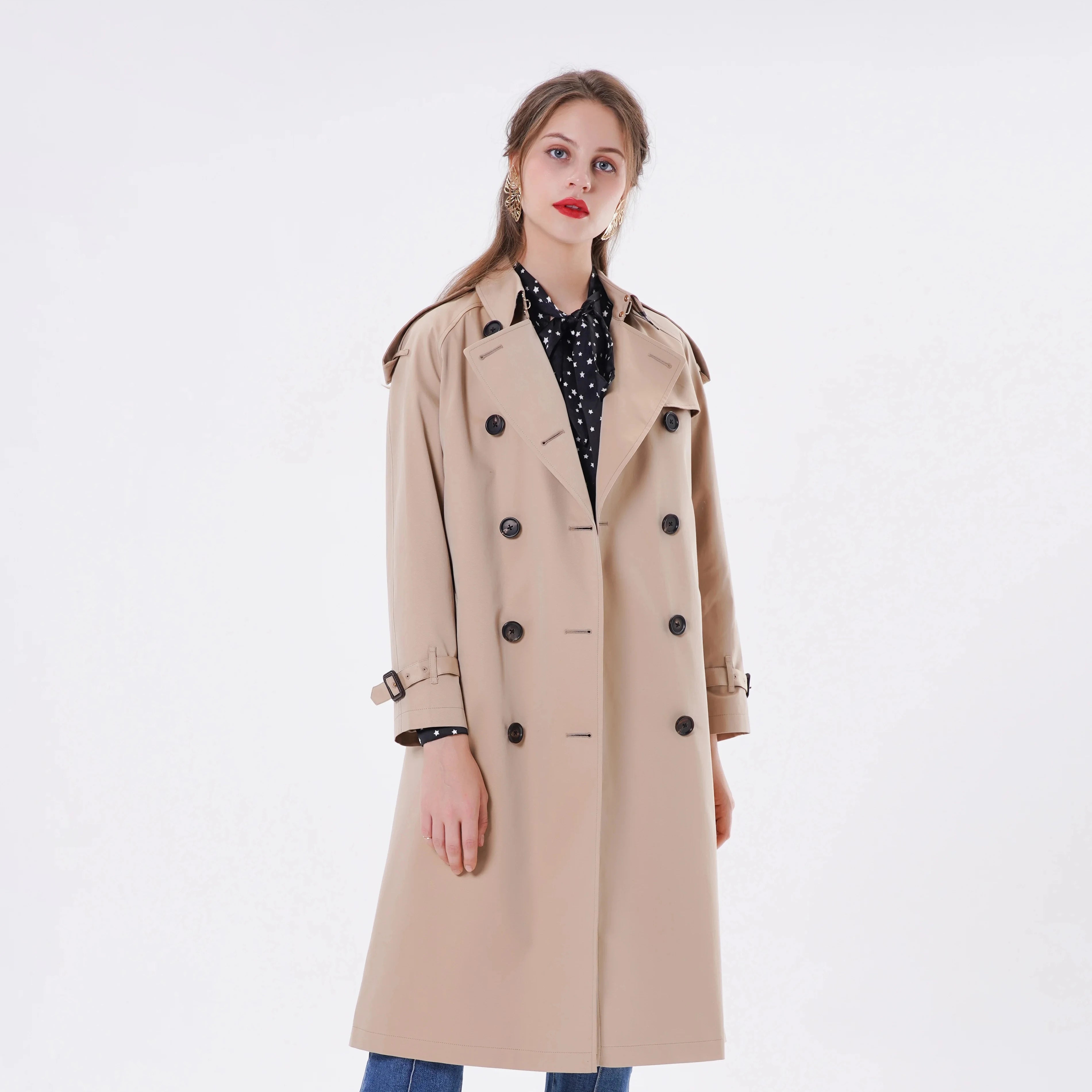 Bosha Fashion Women  Slim Long Trench Coat Solid Pattern Double Breasted With Buttons Casual Style for Autumn Cotton 1 Piece