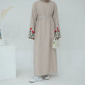 Elegant Traditional Muslim Clothing Linen Modest Abaya Dresses with Embroidered Flowers & Side Pocket Plus Size Options