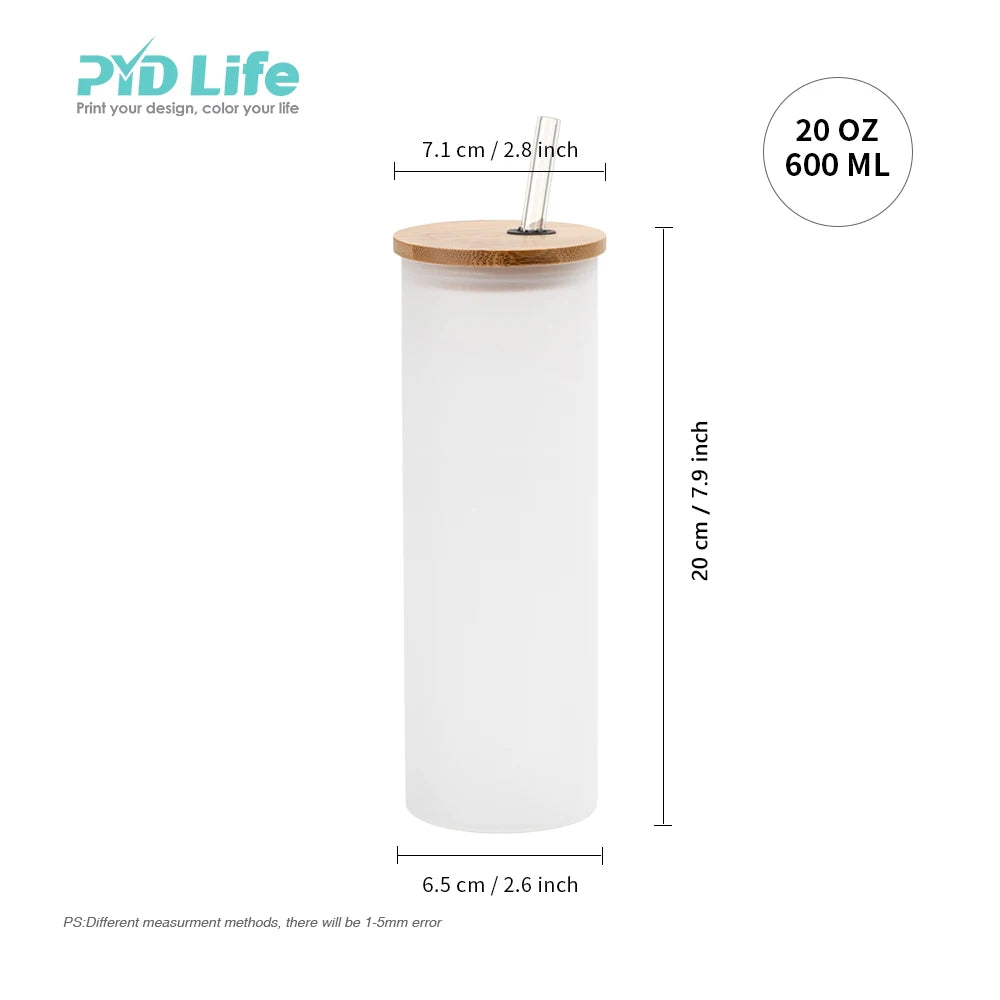 PYD Life Custom 20 oz 600 ml Frosted Skinny Straight Sublimation Glass Tumbler with Straw and Bamboo Lid