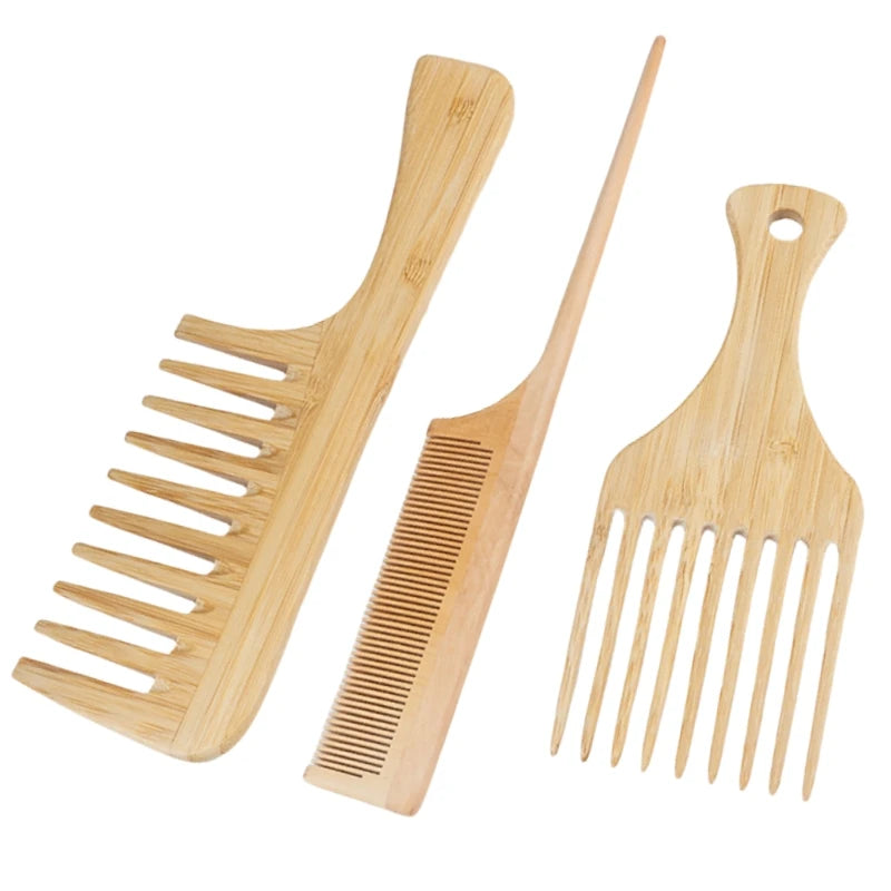 Anti-Static Afro Fork Combs for Women Round Wide Tooth Wood Comb Hair Brush Women 1Pcs Natural Bamboo Wooden Hair Comb
