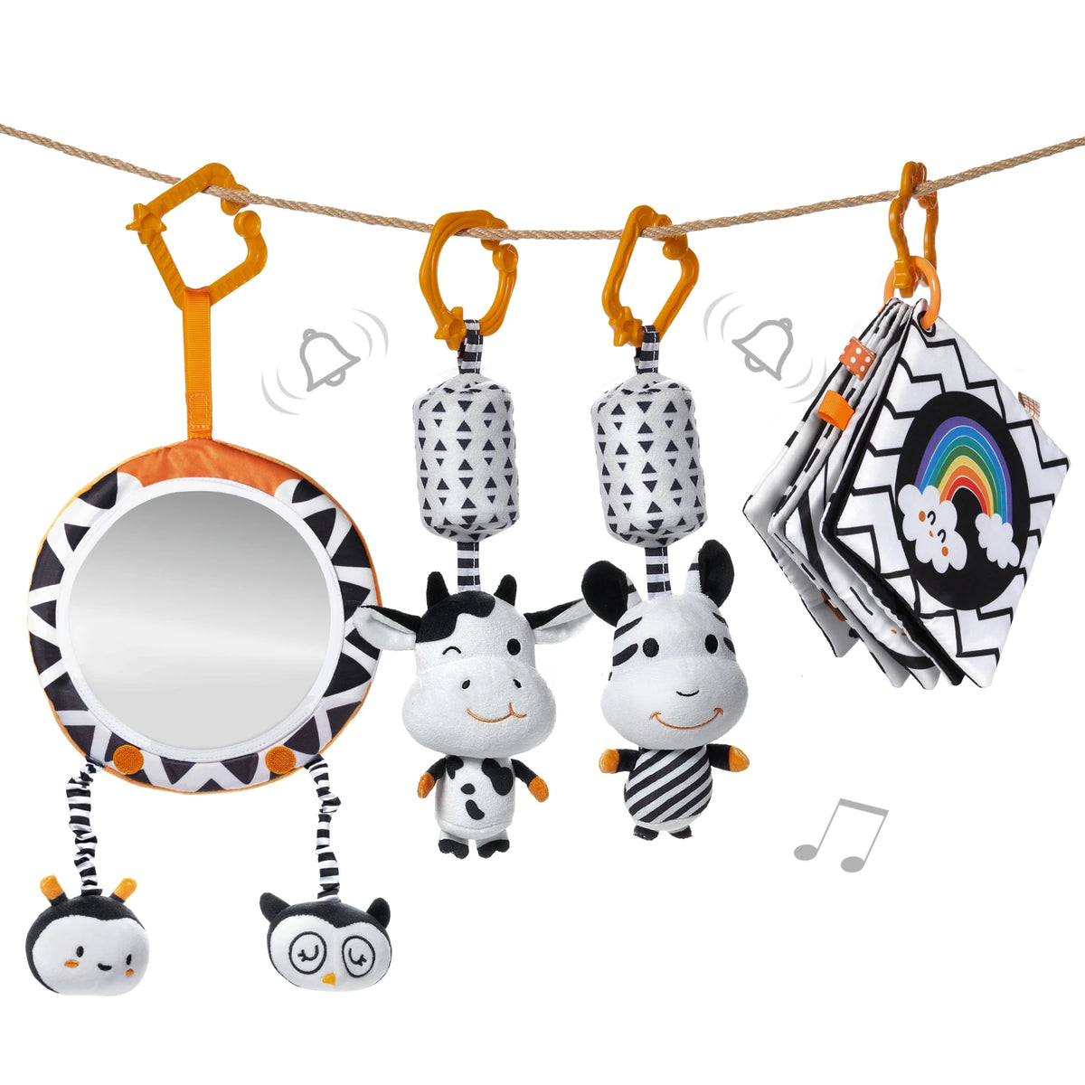 Tumama Kids Black & White Animal Plush Toy Soft Baby Rattle Stroller Hanging Toys With 1*Mirror 2* Hanging Rattles1*Cloth Book MegaBDM