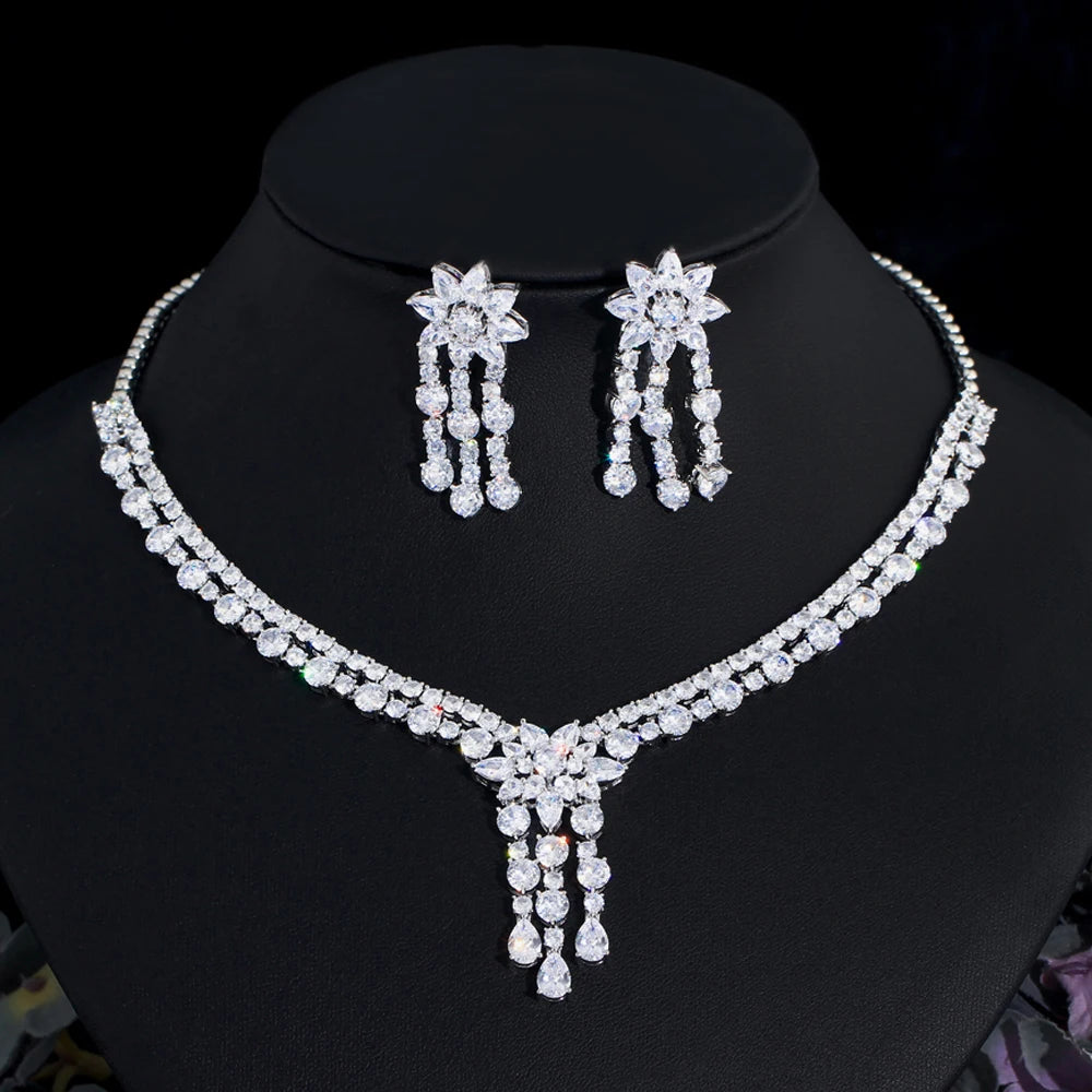 2 Row Cubic Zirconia Water Drop Tassel Fashion Wedding Bridal Pageant Necklace and Earrings Luxury Dubai Indian Jewelry Sets