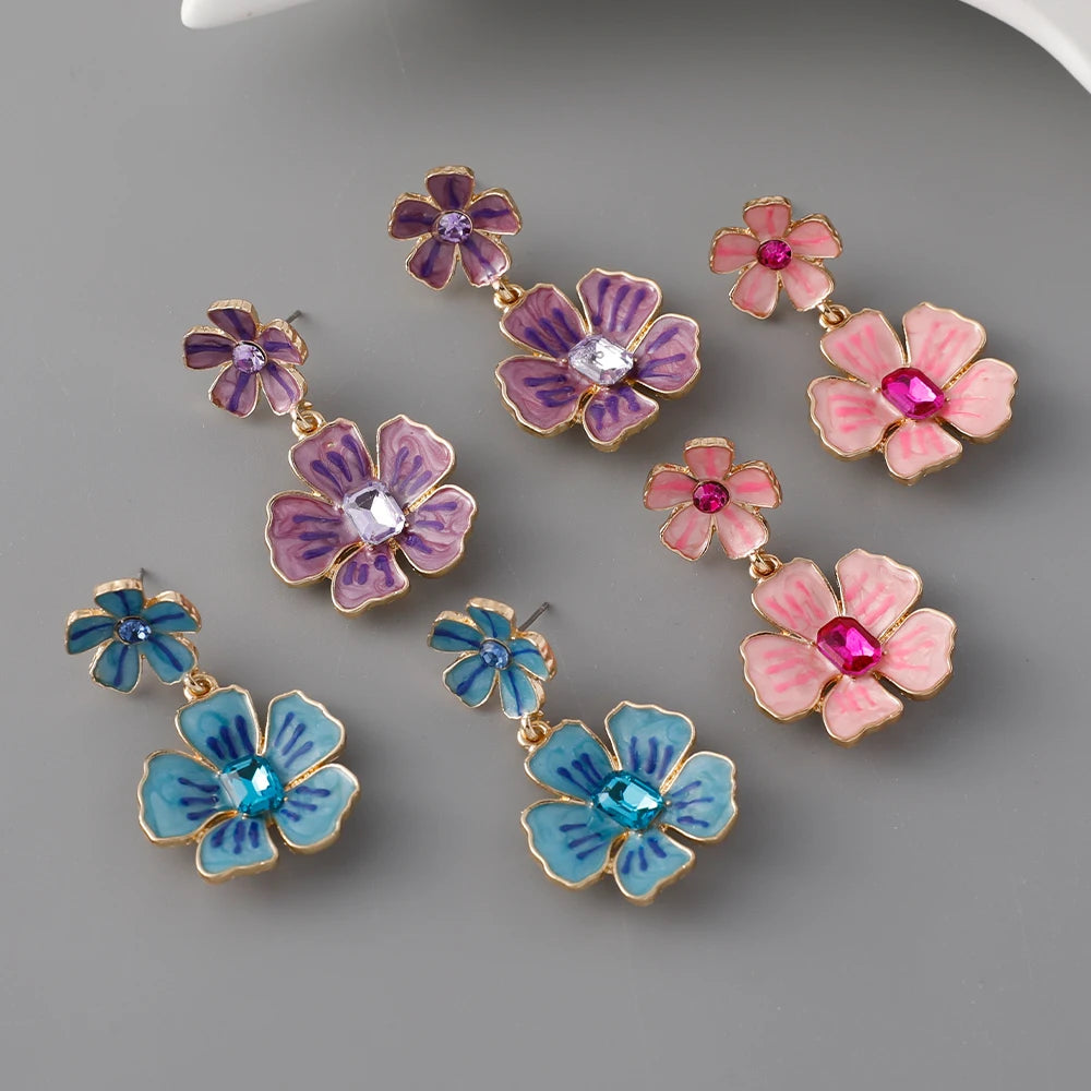Summer Trendy Oil Drop Crsyatl Floral Dangle Earrings Blue Pink Enamel Double Flower Earrings Vintage Jewelry