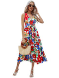 Women's Summer Vacation New V-Neck Waistband Big Flower Beach Dress