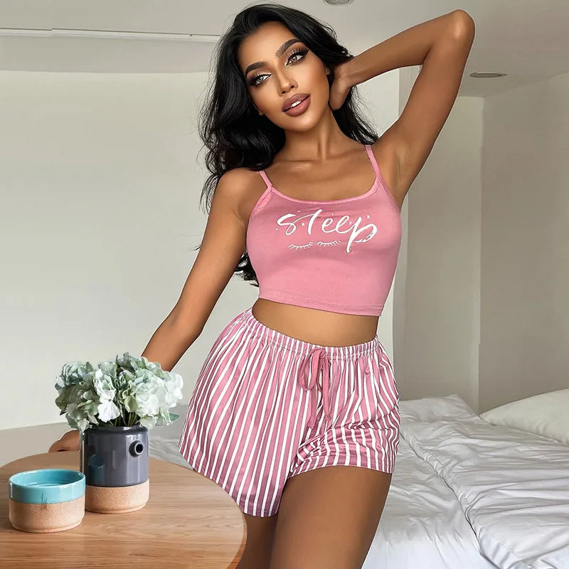 Women Two Piece Nightwear Suspender Pajamas Shorts Sets