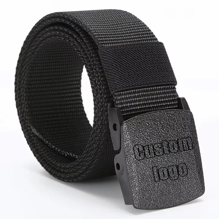 Custom Logo Plastic Buckle Casual Black Adjustable Men Training Belts Polyester Webbing Canvas Nylon Fabric Belt