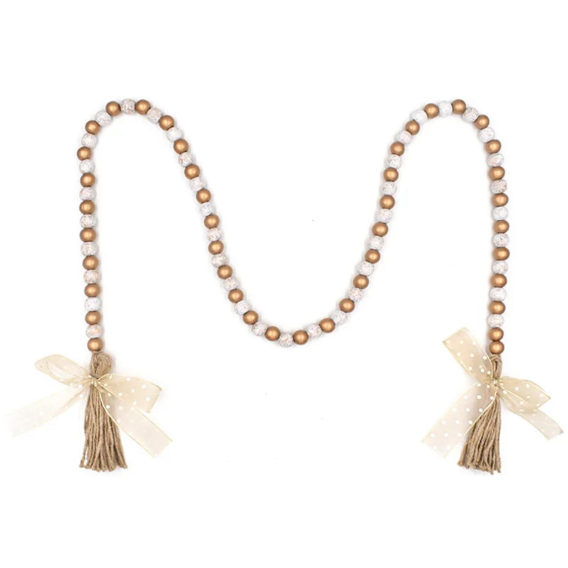 Natural Wooden Fairy Bead Garland with Lace Bow Farmhouse Style Home Wall Decoration for Home Decor