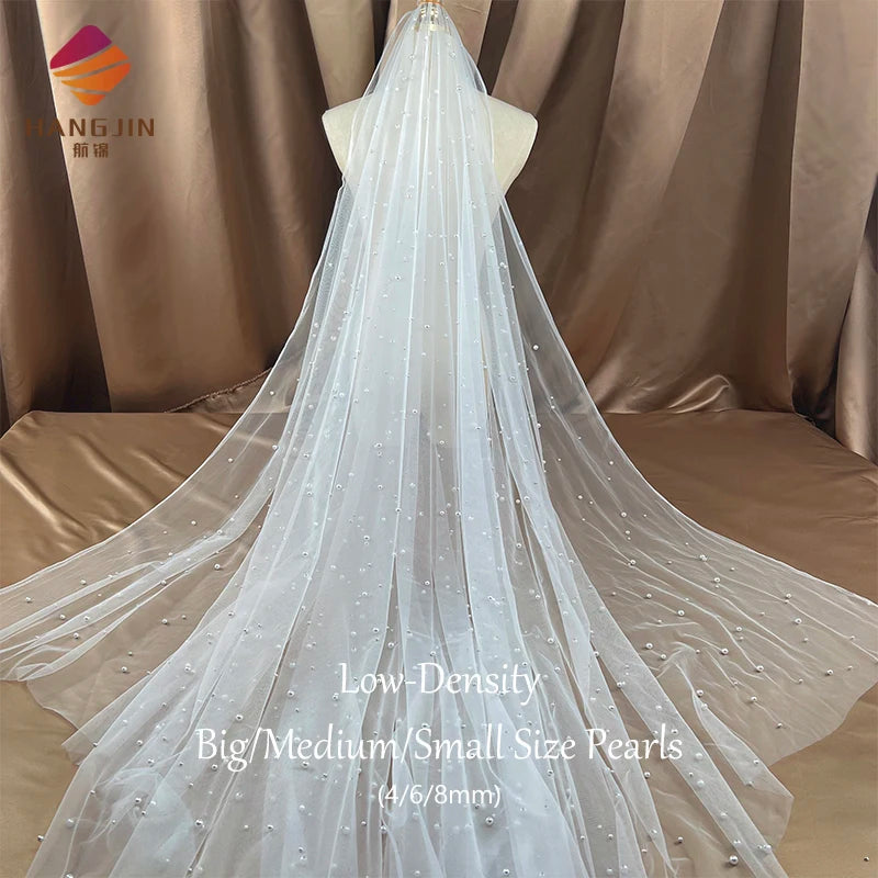 Low Density French Mesh Tulle Fabric Nylon Net Fabric White Handmade Embroidery Beaded Fabric With Pearls for Wedding Dress Veil