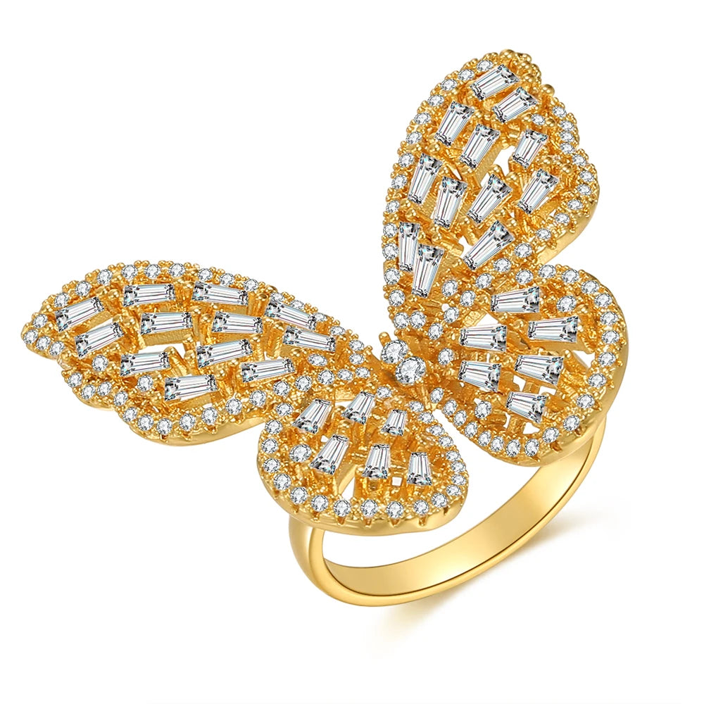 Zuola Luxury Eco-friendly Brass Butterfly Zircon Gemstone Inlay Ring 18K Real Gold Plated Trendy Fashion Rings for Women