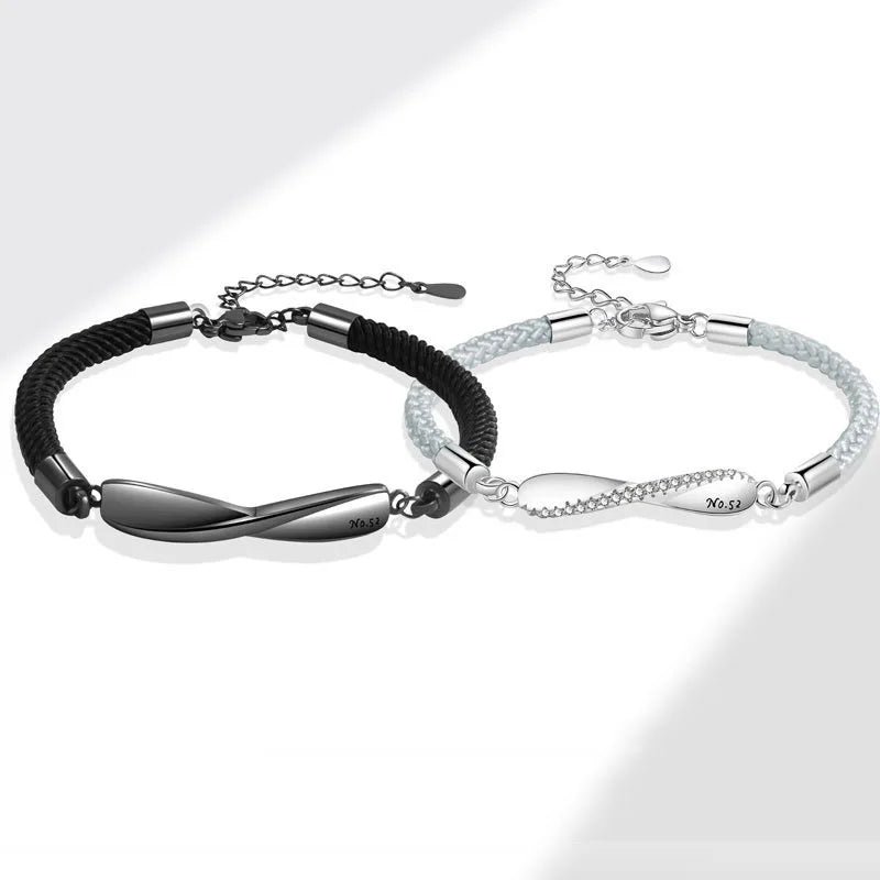 Couple Bracelet Luxury Silver Charm Mobius Ring Bracelets for Lovers Forever Love Bracelet Rope Set with Fine Spiral Texture
