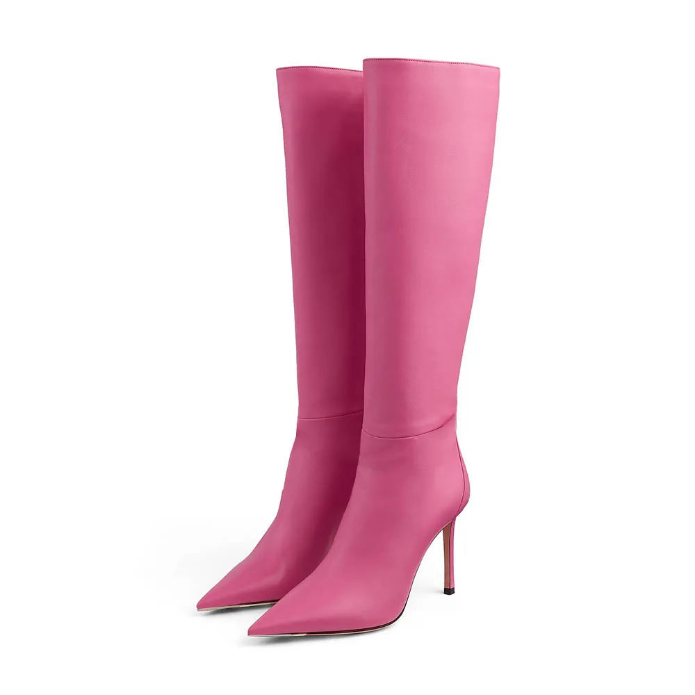 Luxury Pink Leather PU High Heel Pointed Toe Winter Boots for Women
