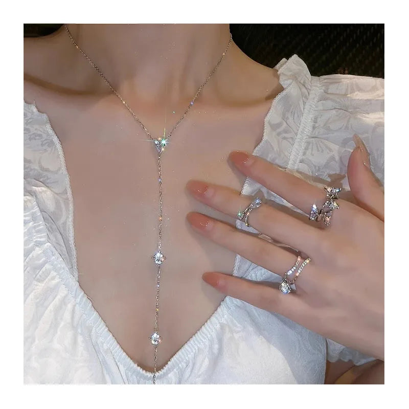 Y-Shaped Zircon Tassel Necklace Light Luxury Niche Design Sense New Trendy Collarbone Chain Necklace Long Model