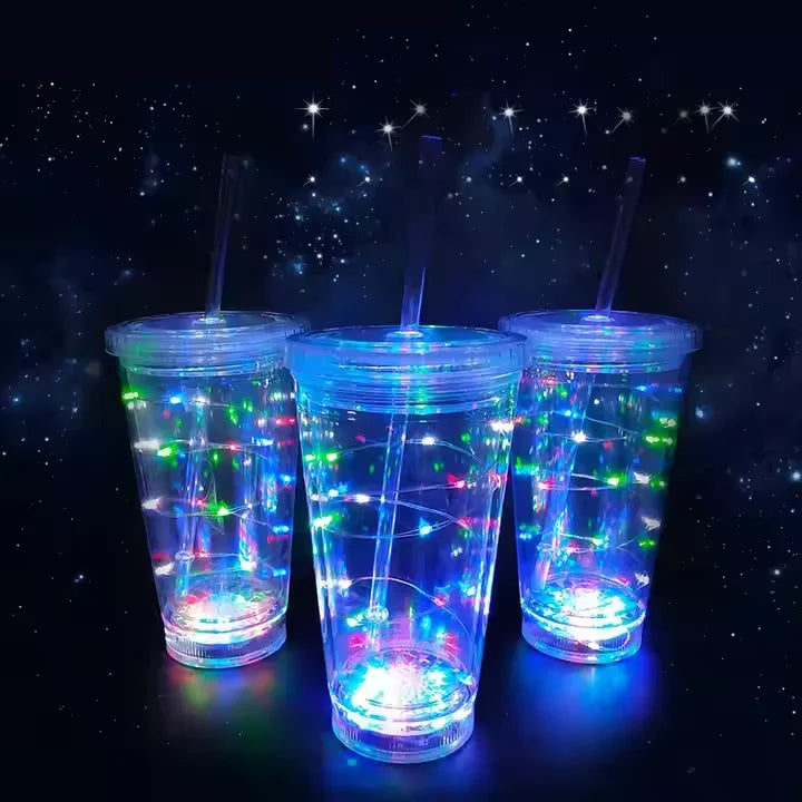 Eco-Friendly 450Ml Cups Double Wall Led With Lids and Straws Plastic Funny Mugs Led Double Wall Tumbler Cups for Bar Ktv Party