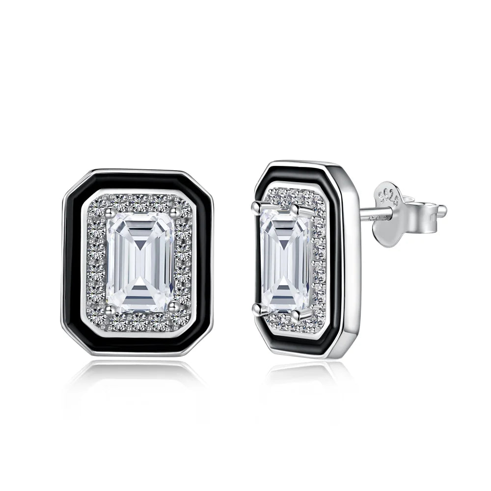 Dylam High Quality 925 Sterling Silver Rhodium Plated Emerald Cut Moissanite Diamond Rectangle Enamel 5A Zirconia Stud Earrings
