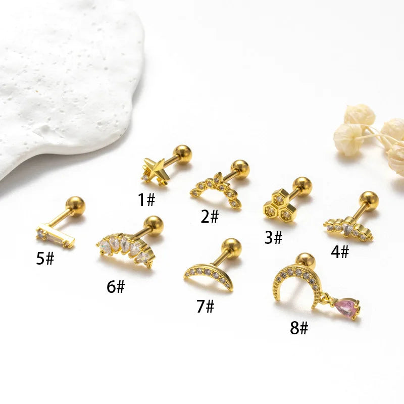 Gaby Stainless Steel External Thread Earrings Gold Stainless Steel bar Zircon Moon Earrings Wholesale Piercing Jewelry