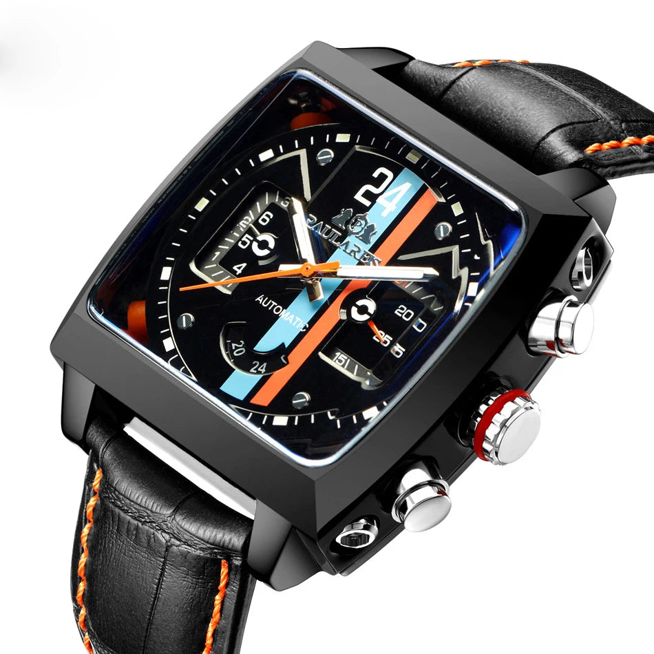 Top Brand Luxury Men Vintage Genuine Leather Strap Square PAULAREIS Automatic Mechanical Watch