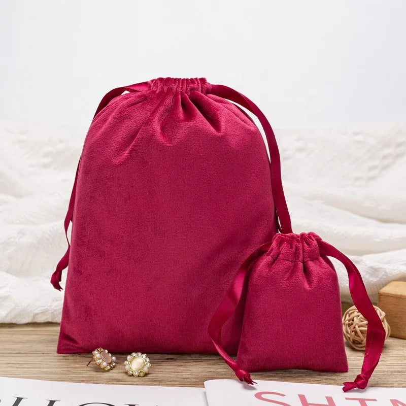 Luxury Custom Logo Silk Screen Printed Red Satin Lined Recyclable Gift Jewelry Velvet Bag High Quality Drawstring Pouch Craft
