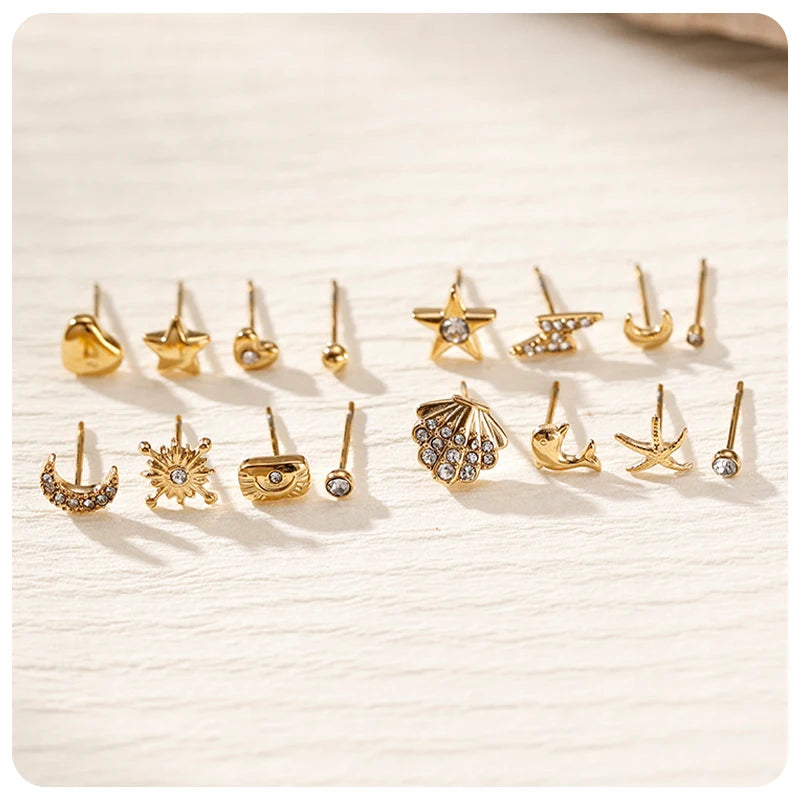 Wholesale Stainless Steel 18K Gold Plated Tiny Shell Zircon Stud Earrings Set Cartilage Earrings Piercing Jewelry for Women