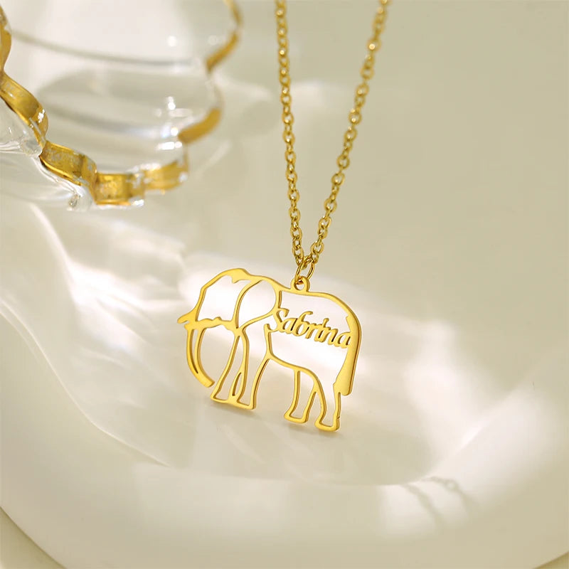 NEWNORTH Custom Name Necklace Stainless Steel Jewelry Custom Letter Animal Lion Elephant Hollow Name Pendant Necklace for Women