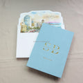 Elegant Folio Sky Blue Velvet Hardcover Wedding Invitations With Gold Foil Personal Logo Silver Acrylic Invitation